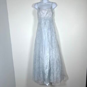 Vintage Womens 90s Y2K Empire Waist Corset Back Gown Sz S Blue Glitter Beaded